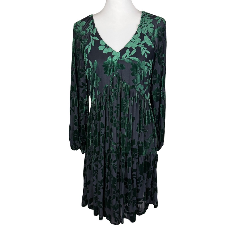 Taylor Green Black Floral Burnout Velvet Babydoll Tiered Dress Long Sleeve 8